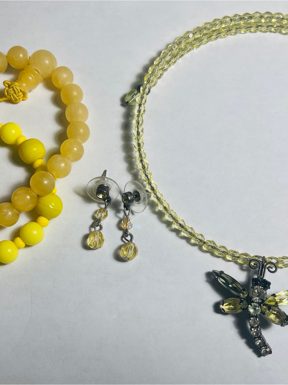 Yellow Crystal Dragonfly Necklace and Bead Bracelet Set